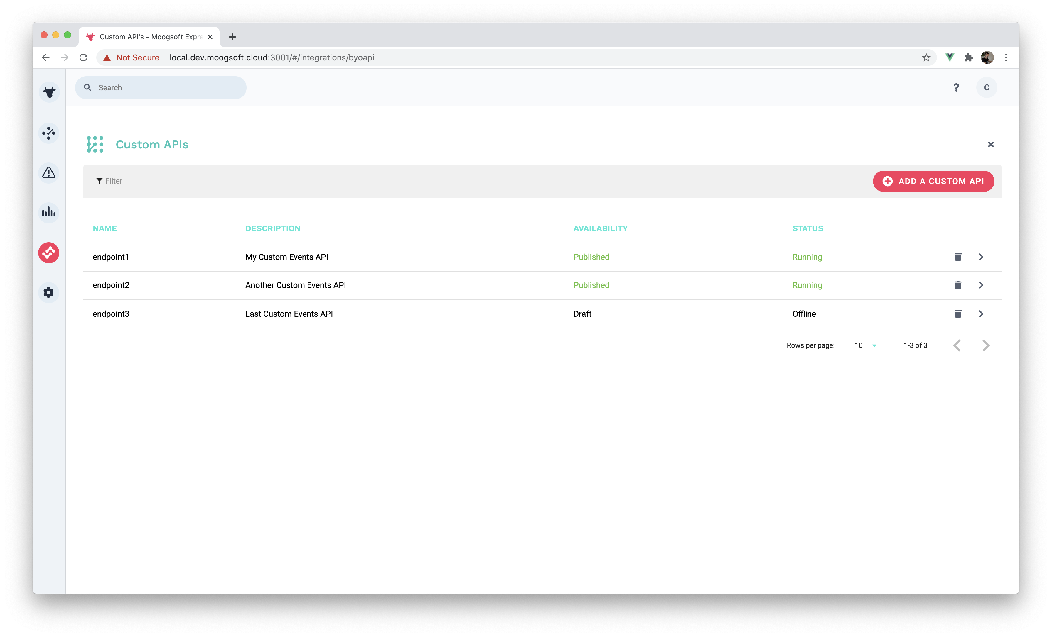 screenshot of the CustomAPIList component