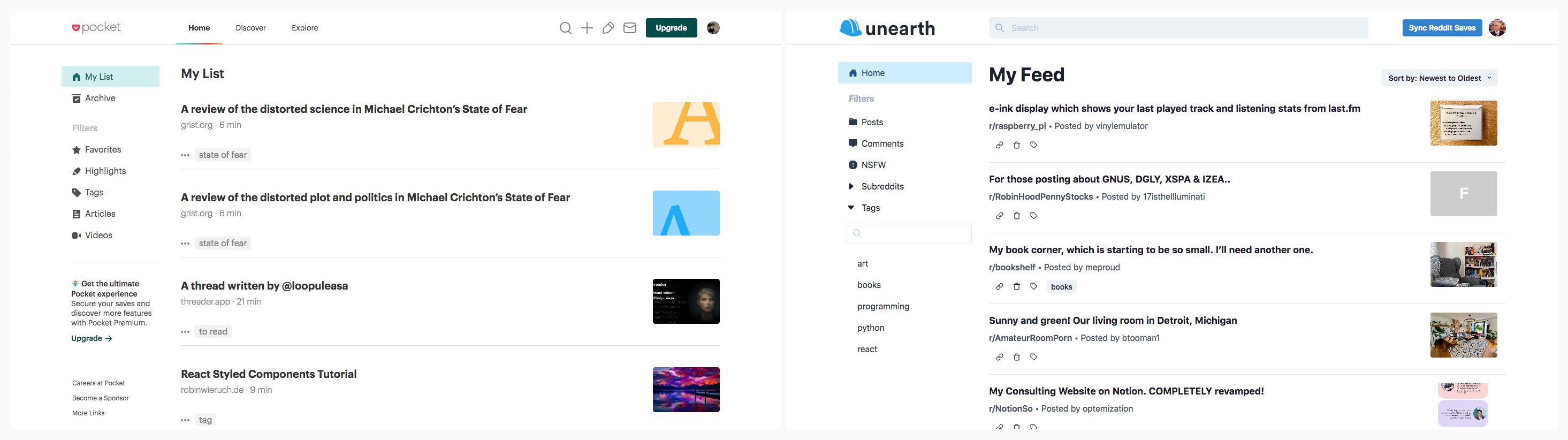 Comparison of Pocket and Unearth